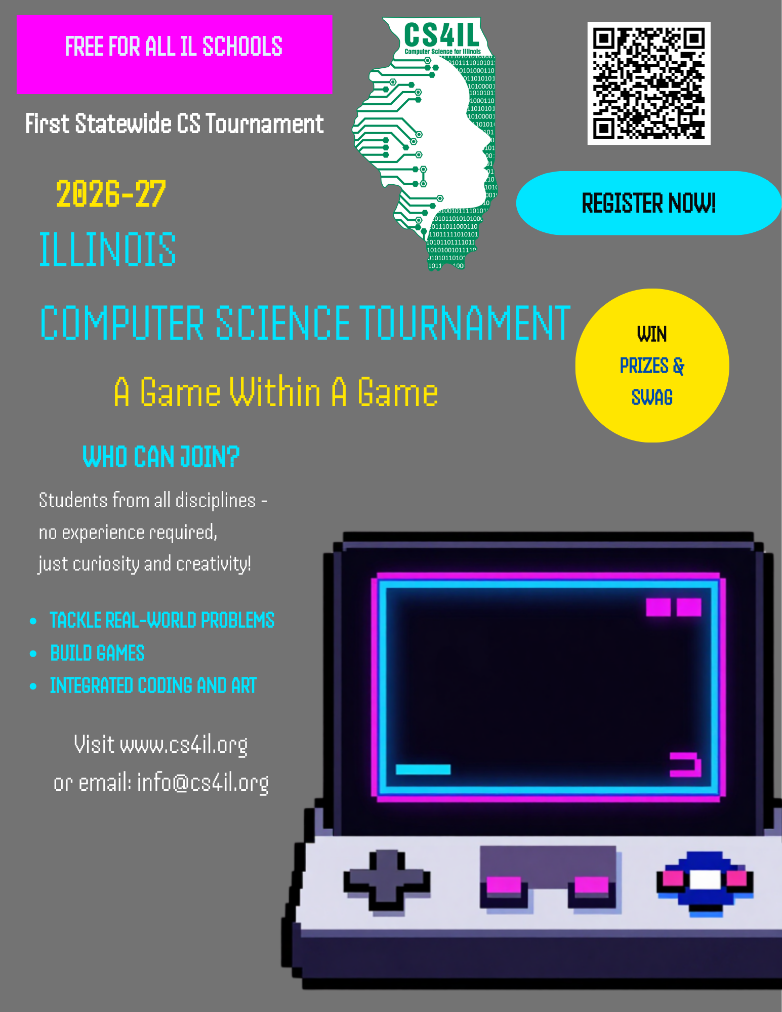 2026-27 Illinois Computer Science Tournament flyer — free for all IL schools, register now to win prizes and swag